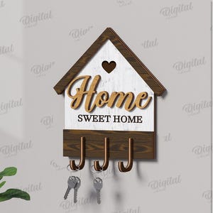 3D House key holder, home sweet home svg, house keychain rack with hooks laser cut, home quotes, home decor, wall keyring hanger, key keeper