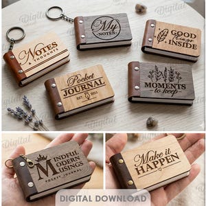 Könnte beinhalten: Zehn Holz-Taschenjournale mit Lederbindung und Schlüsselanhänger. Jedes Journal hat ein einzigartiges graviertes Design und Text, darunter "Daily" und "Make it Happen". Geeignet für jede Materialstärke.