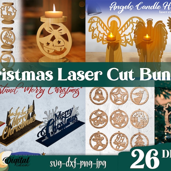 Paquete de corte láser de Navidad, diseños de corte láser 3D de Feliz Navidad, portavelas, adornos de árbol de Navidad, portavelas de Navidad Angel