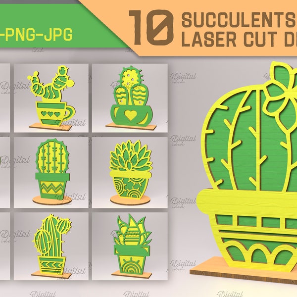 3D Succulent laser cut bundle, Potted plant decor, cactus wooden stand, stand alone cacti, standing pot plant, layered cactus with stand SVG