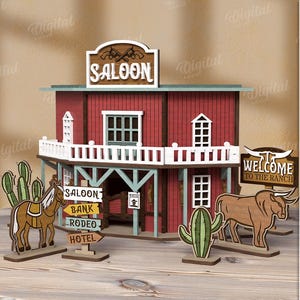 3D Saloon, western laser cut, wild west, saloon model svg, wooden shelf sitter, kids toys svg, cowboy animals, horse, bar, cactus svg