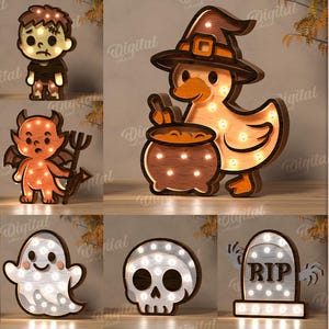 3D Halloween nightlights bundle, nursery lamp laser cut, wooden kids light decor, cute spooky lamp, home decor svg, ghost, skull, zombie