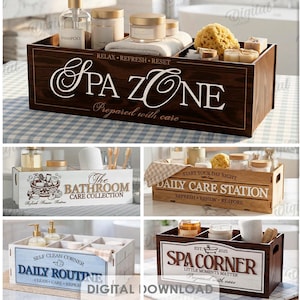 Könnte beinhalten: Eine Auswahl an Badezimmer-Organisatoren aus Holz mit verschiedenen Designs und Texten wie "Spa Zone" und "Daily Routine". Die Kisten sind für Toilettenartikel und Badeprodukte konzipiert.