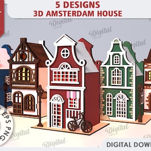 3D アムステルダム ハウス バンドル、ハウス ランタン レーザー カット、木製オランダ運河ハウス ランプ SVG、ティー ライト キャンドル ホルダー、スカンジナビア ノルディック ハウス