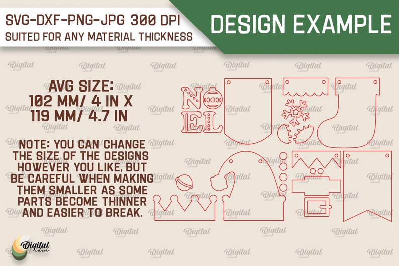 May include: A design example for a Christmas banner set with red outlines. The banner set includes a "Noel" banner, a stocking, a snowflake, a crown, and a banner with a scalloped edge. The average size of the banners is 4 inches by 4.7 inches.