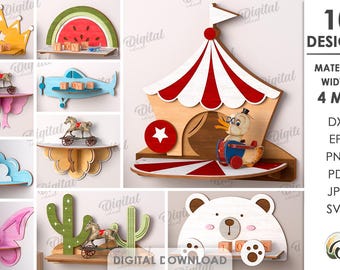 May include: A collection of 10 wooden shelf designs, including a crown, watermelon, airplane, circus tent, cloud, butterfly, cactus, and bear. The material width is 4 mm. The image also includes the text "DIGITAL DOWNLOAD".