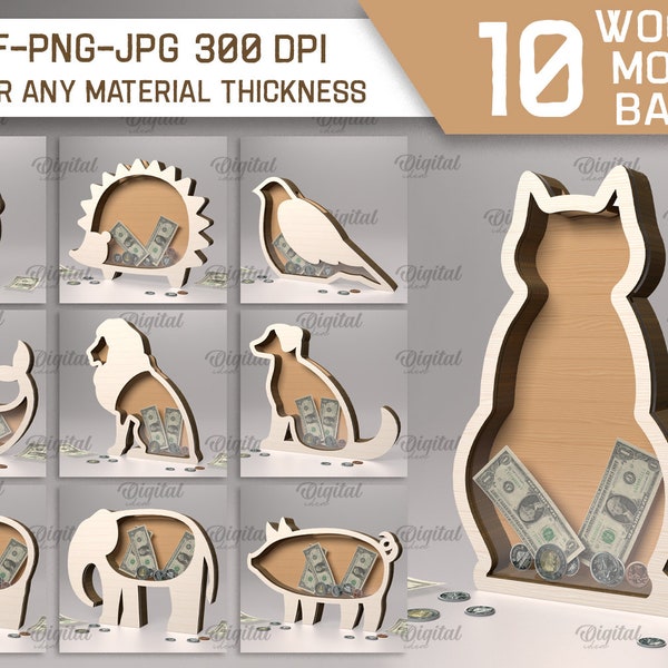 3D Wooden animal money banks bundle, piggy bank box, money cash holders, 3D laser cut, saving box, cash box svg, animal coin box laser cut
