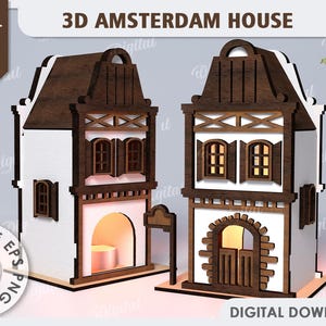 3D Amsterdam house, house lantern laser cut, wooden dutch canal house lamp svg, tea light candle holder, Scandinavian nordic house