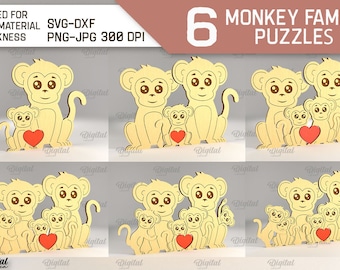 Holz Affe Familie Puzzle, bis zu 5 Kinder, 3D Laser geschnittene Familie Liebe Puzzle, niedliche benutzerdefinierte Figuren svg, personalisierte Familie Lasercut svg