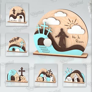 3D Easter scene stands bundle, religious layered stand laser cut, wooden home decor, shelf sitter svg, christian quotes svg, Jesus SVG