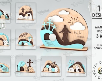 May include: Ten digital designs for laser cutting Easter decorations. The designs feature a variety of Easter themes, including a cross, a tomb, and the words "He Is Risen". The designs are suitable for use with 3 mm thick material.