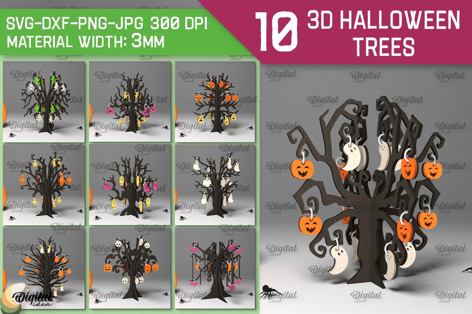 3D Halloween trees bundle, Halloween stands with ornaments laser cut, spooky wooden tree shelf sitter svg, haunted tree with hanging decor
