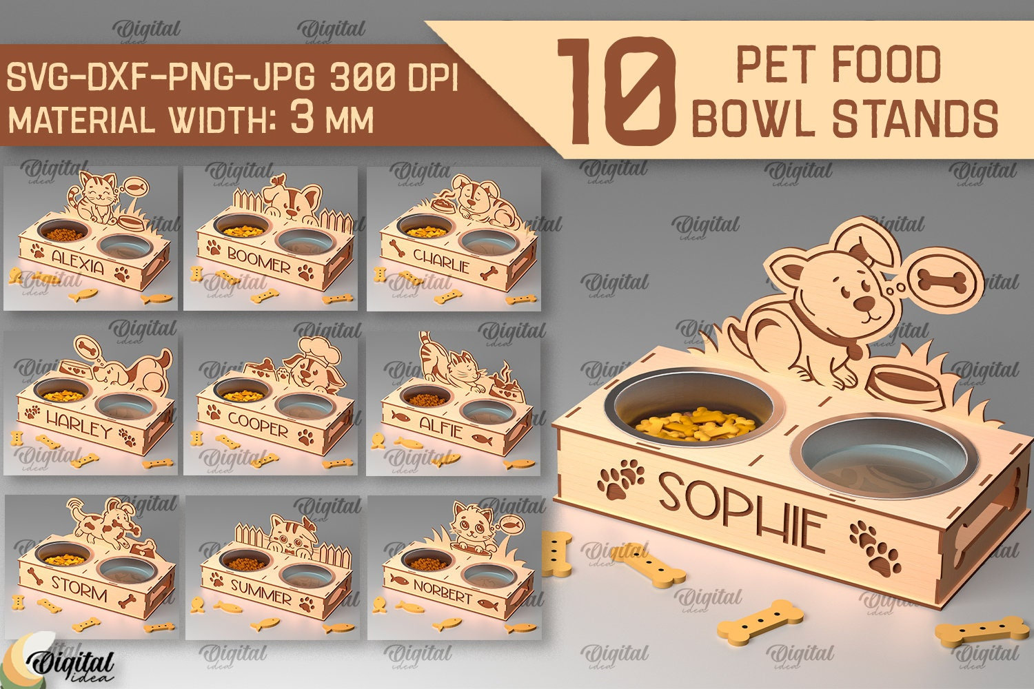 Personalized pet food bowl stands bundle, 3D laser cut dog feeding station, Cats and dogs elevated food stand, custom food bowl holder svg