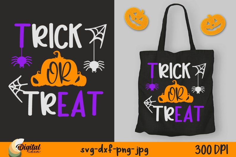 Op de afbeelding: Een zwarte tote bag met de tekst "Trick or Treat" in witte en paarse letters. Het ontwerp bevat een pompoen, spinnen en spinnenwebben. De tas is 300 DPI.