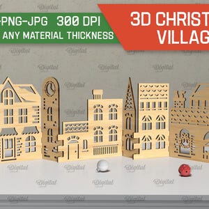 May include: A 3D Christmas village scene with five wooden houses, a clock tower, and a street lamp. The houses are detailed with windows, doors, and roofs. The scene is suitable for any material thickness.