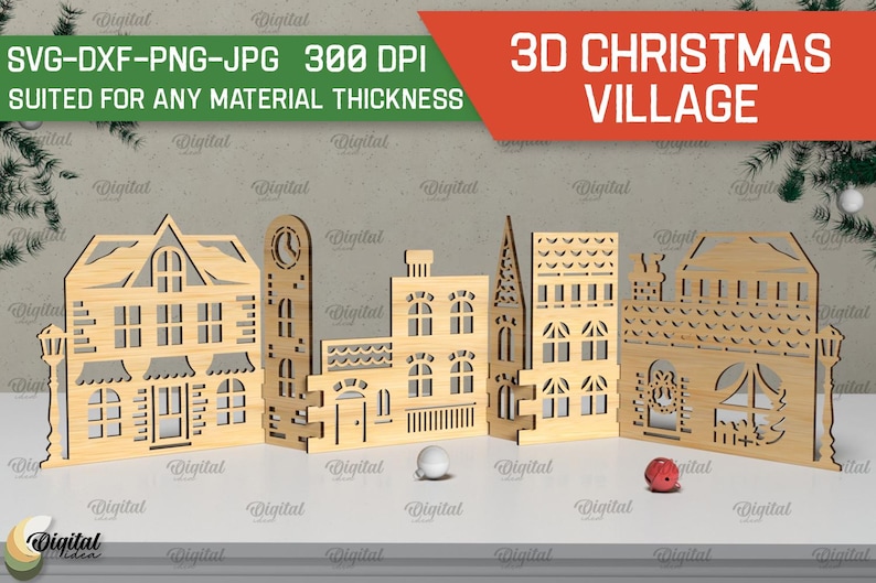 May include: A 3D Christmas village scene with five wooden houses, a clock tower, and a street lamp. The houses are detailed with windows, doors, and roofs. The scene is suitable for any material thickness.