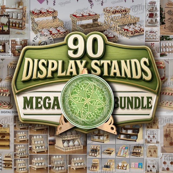 Paquete Mega de Soportes de Exhibición 3D Cortados con Láser, 90 Diseños de Decoración para el Hogar y la Cocina, Organizador de Madera, Soporte para Alimentos, Soporte para Mercancía, Exhibidor para Tiendas