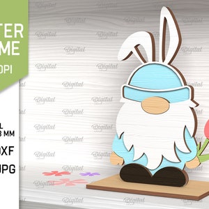 3D Easter bunny gnome, 3D gnome svg laser cut, spring gnome svg, shelf sitter, home decor, cute easter gnome stand svg, gnome sign svg