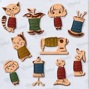 May include: Ten digital designs of thread spool holders featuring various animal and object shapes, including a cat, an apple, a sewing machine, a mannequin, a snake, and a dog. The designs are suitable for any material thickness.
