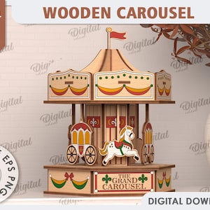 Może przedstawiać: Drewniany karuzel z koniem, powozem i tabliczką z napisem "The Grand Carousel". Karuzel jest pomalowany w odcieniach brązu, żółtego i czerwonego.