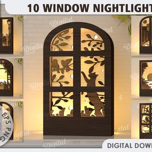 Puede incluir: Diez archivos digitales descargables para luces nocturnas de ventana. La imagen muestra una variedad de diseños, que incluyen un gato, pájaros y una luna. El texto "10 WINDOW NIGHTLIGHTS" está en la parte superior de la imagen.