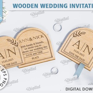 May include: Wooden wedding invitation with a rustic design. The invitation features the couple's initials "A & N" and the date "15.05.2025". The text "Save the Date" is also included.