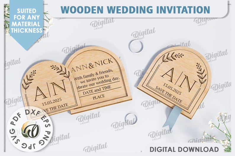 May include: Wooden wedding invitation with a rustic design. The invitation features the couple's initials "A & N" and the date "15.05.2025". The text "Save the Date" is also included.