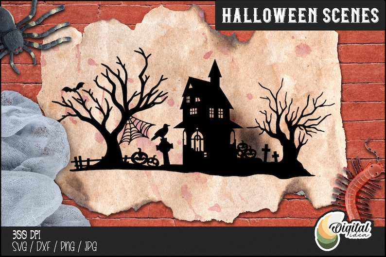 Może przedstawiać: Czarno-biała sylwetka nawiedzonego domu, drzew i pajęczyny na tle vintage pergaminu. Tekst "HALLOWEEN SCENES" znajduje się w g&oacute;rnej części obrazu.