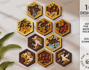 Paquete de decoraciones de pared hexagonales de plantas 3D, letrero floral cortado con láser, otoño SVG, arte de pared de madera SVG, otoño, decoración del hogar, arte de pared, hojas, flores