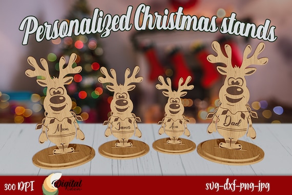 Personalisierter Weihnachtsständer Laser Cut, Rentierfamilienständer, Weihnachtsfamiliendekor 3D, Familiennamenständer, freistehend, Benutzerdefinierte Familie