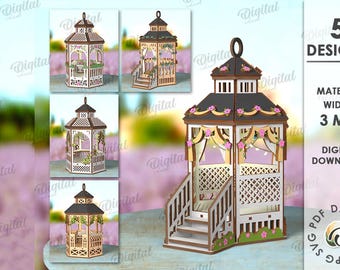 3D Gazebo lanterns bundle, garden gazebo candle holder laser cut, tealight lantern laser, rustic Glowforge lamp, tea candle holder, floral