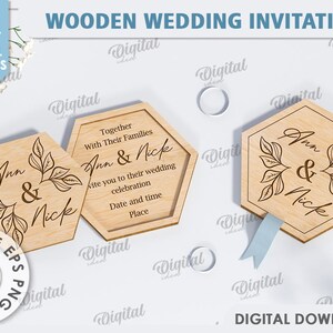 May include: Two laser cut wooden wedding invitations with the names Ann & Nick and the text "Together with their families" and "Invite you to their wedding celebration, Date and time, Place".