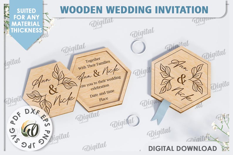 May include: Two laser cut wooden wedding invitations with the names Ann & Nick and the text "Together with their families" and "Invite you to their wedding celebration, Date and time, Place".