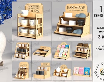 3D Retail display stands bundle, tier tray laser cut, vendor counter shelves, merchandise holder, market standing display, handmade svg
