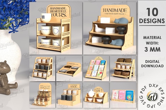 3D Retail display stands bundle, tier tray laser cut, vendor counter shelves, merchandise holder, market standing display, handmade svg