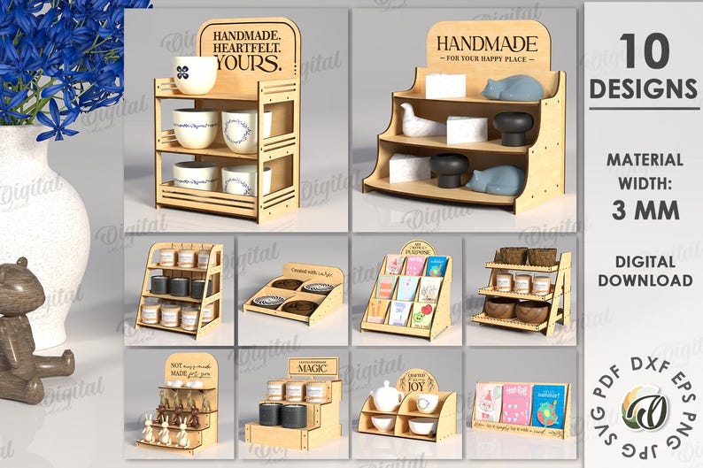 May include: A collection of wooden display shelves in various designs. Some shelves hold ceramic cups, candles, and decorative items. The image includes text that says "HANDMADE" and "10 DESIGNS". The material width is 3 mm.