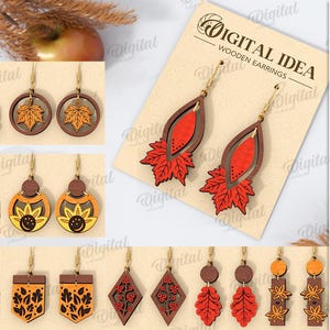 May include: A selection of wooden earrings featuring autumnal designs such as leaves and sunflowers, in shades of brown, orange, and red. The image displays various shapes and styles. Text reads "DIGITAL IDEA WOODEN EARRINGS" and "10 DESIGNS".