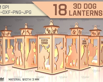 Dog lanterns laser cut bundle, 18 dog breeds svg, 3D lasercut, tea light lantern laser, light SVG, Rustic Glowforge lamp, tea candle holder