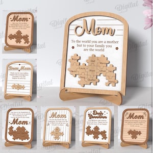 Paquete de regalos personalizados en 3D para mamá, tarjeta de felicitación del Día de la Madre cortada con láser, rompecabezas SVG, tarjeta de madera con soporte, citas del Día de la Madre, letrero familiar