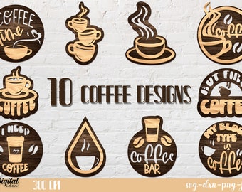 May include: Ten different coffee-themed designs featuring various coffee cups, coffee beans, and text. The designs are in a wood-grain style and are perfect for crafting projects.