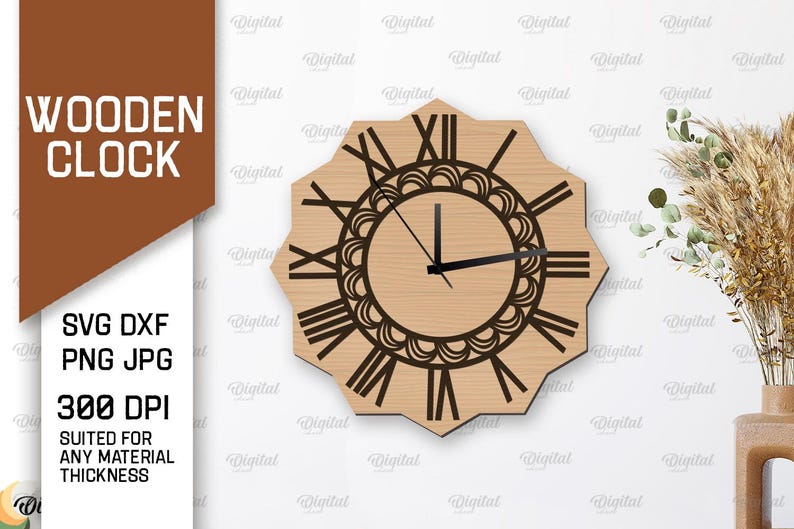 May include: A wooden clock with a decorative design and Roman numeral markings. The clock face is light brown with black hands and black Roman numerals. The clock is mounted on a white wall.