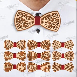 Puede incluir: Once diseños diferentes para pajaritas cortadas con láser. Las pajaritas presentan varios patrones, incluyendo florales, geométricos y notas musicales. Las pajaritas se muestran en una camisa blanca.