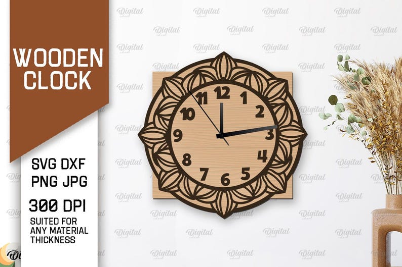 May include: A wooden clock with a mandala design and black clock hands. The clock face is light brown with black numbers.