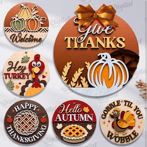 Könnte beinhalten: Eine Sammlung von zehn Holzdesigns zum Thema Herbst, darunter Kürbisse, Truthähne und Herbstphrasen. Jedes Design ist kreisförmig mit aufwendigen Laserschnittdetails und leuchtenden Farben. Geeignet für jede Materialstärke, digitaler Download.