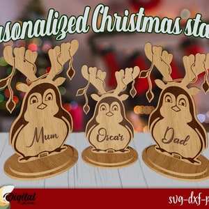 Cute penguin family stand SVG, Christmas Family Decor 3D, Personalized Stand Laser Cut, Family names stand, Freestanding, Custom family