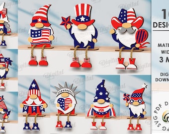 3D 4th of July gnomes bundle, layered gnome laser cut, wooden shelf sitters, Independence day home decor, gnome stand svg