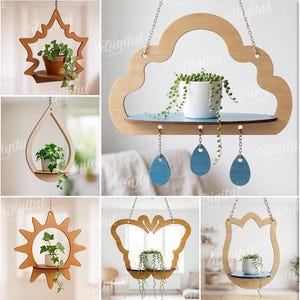Puede incluir: Una colección de 10 estantes colgantes de madera para plantas con formas variadas como nube, sol, mariposa y hoja. Cada estante tiene una base plana para macetas y cadenas metálicas. El texto indica 10 diseños y 3 mm de grosor de material.