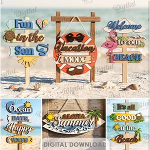 Può includere: Una collezione di dieci cartelli in legno a tema spiaggia con frasi come "Hello Summer" e "Vacation Mode". I cartelli presentano colori vivaci e immagini legate alla spiaggia, perfetti per l'arredamento estivo.