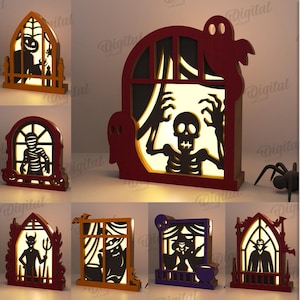 3D Halloween window lanterns bundle, spooky lamp laser cut, wooden nightlight decor, scary svg, home decor, Halloween light decoration