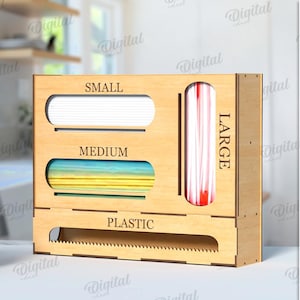 May include: A wooden straw holder with three compartments labeled "Small", "Medium", and "Large". The holder has a slot for a plastic straw dispenser labeled "Plastic".